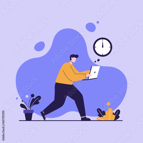 A busy man quickly walks with a laptop, symbolizing productivity, efficient time management, and meeting deadlines in a modern work environment.