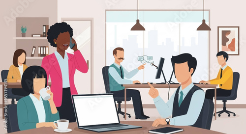 Diverse business professionals collaborate in a modern, busy office environment, highlighting teamwork, communication, and productivity in a corporate setting.