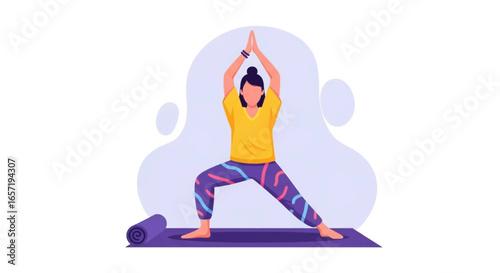 Woman practicing yoga in a Warrior I pose on a mat, symbolizing balance, strength, and mindful wellness. Ideal for health and fitness concepts.