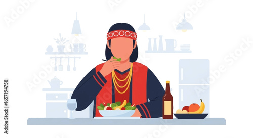 Culturally diverse individual in traditional dress enjoys a nutritious salad in a contemporary kitchen, illustrating healthy lifestyle and global cuisine.