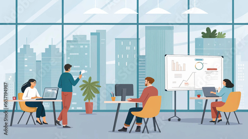 Professionals collaborate in a modern open-plan office with city views, engaged in business tasks and data analysis, representing teamwork and productivity.