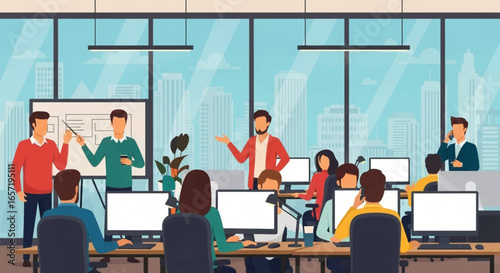 Professionals collaborate in a modern office meeting, discussing strategies and working efficiently on computers, reflecting teamwork and corporate productivity.