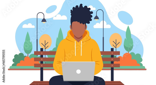 Focused person uses laptop on a park bench. Illustrates remote work, online learning, or digital lifestyle in a serene outdoor setting.