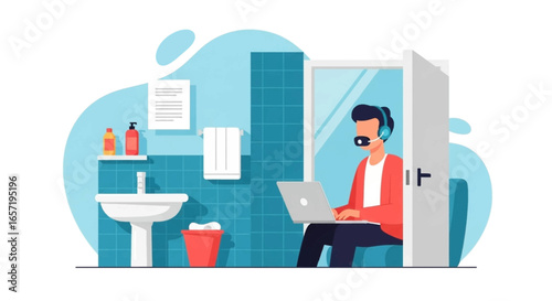 Man works on laptop with headset from a bathroom, depicting remote work challenges, privacy issues, and the blurred lines of home office.