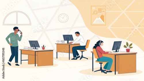 Diverse professionals collaborate and work diligently in a bright, modern office environment, symbolizing productivity and business success.