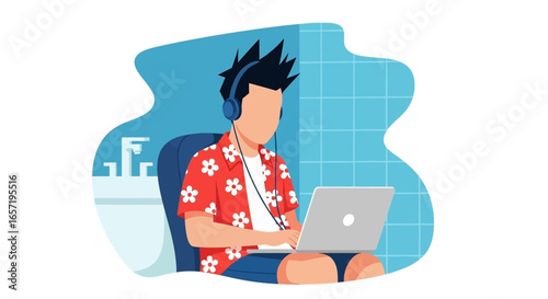 Man in Hawaiian shirt and headphones working on laptop by the pool, depicting remote work, digital nomad lifestyle, and travel.