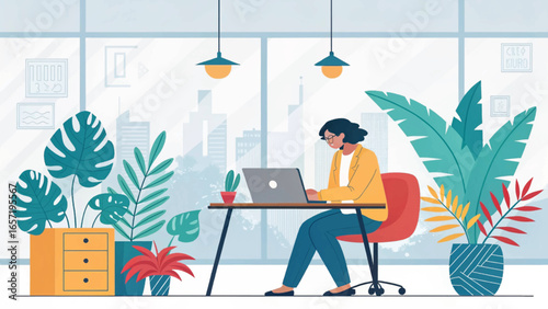 A focused woman works on her laptop in a bright, modern office filled with lush plants, offering a productive and serene workspace. Ideal for business, remote work, or innovative concepts.