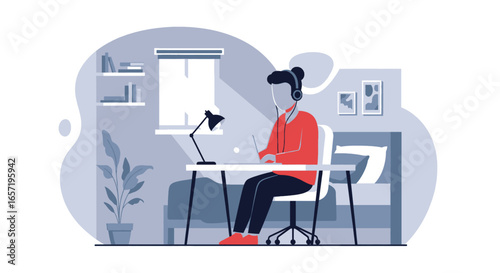 Person working remotely from a cozy home office setup, using a laptop and headphones. Ideal for concepts of telecommuting, online learning, or modern lifestyle.