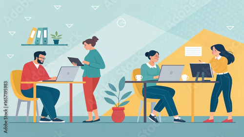 Diverse professionals collaborate in a vibrant, modern office space, working efficiently on laptops and computers. Ideal for business, technology, or teamwork concepts.