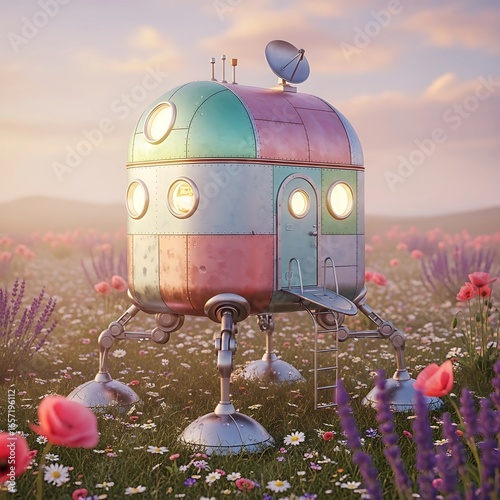 Retro Futuristic House in a Flower Field