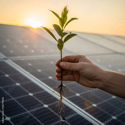 Renewable Energy: Seedling with Solar Panel Background
