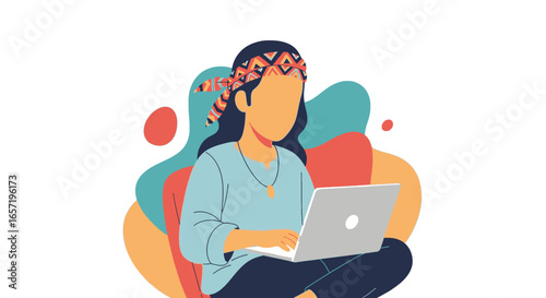 Person with ethnic headband works on laptop. Ideal for concepts of remote work, digital lifestyle, online learning, and global connectivity.