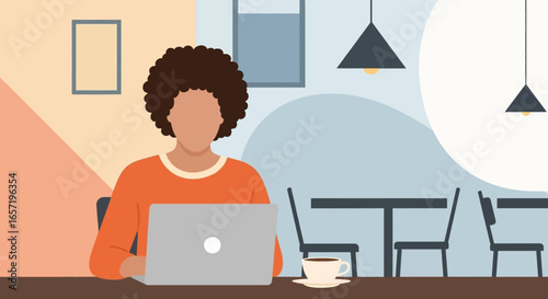 Person working on laptop at cafe table with coffee. Represents remote work, productivity, digital lifestyle, and online education.