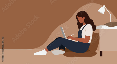 Relaxed woman working from home on her laptop, embodying remote work flexibility and cozy productivity. Ideal for lifestyle, business, and education themes.