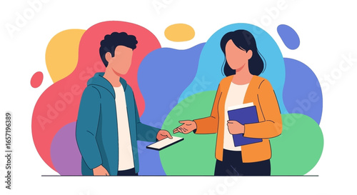 Modern illustration of two people exchanging information or data. Represents communication, business transactions, and digital service concepts.