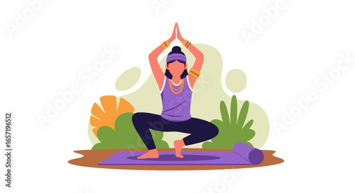 Young woman practices yoga in a focused squat pose on a mat outdoors, promoting wellness, balance, and a healthy lifestyle. Ideal for fitness, meditation, and healthy living concepts.