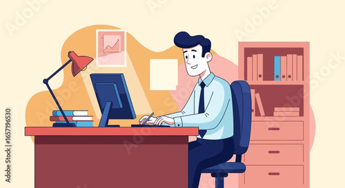 Smiling professional man engaged in creative work at his office desk, utilizing technology and tools for design or data entry. Ideal for business, education, or freelance concepts.