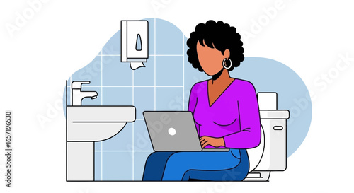 Illustration of a person using a laptop on the toilet, depicting the extremes of remote work, productivity, or work-life balance.