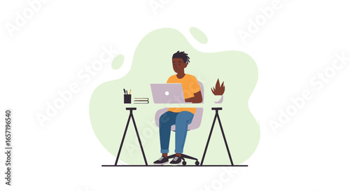 Happy young Black man with dreadlocks working remotely on a laptop at a desk. Illustrates productivity, home office, or online learning.