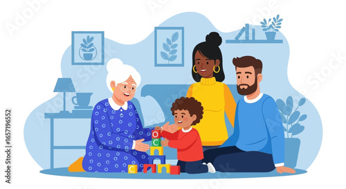 Happy multi-generational family playing together with colorful building blocks at home, illustrating family bonding, childhood development, and joyful moments.