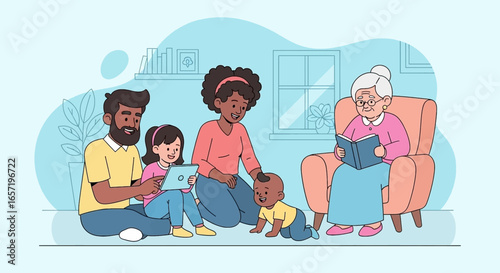A diverse multi-generational family enjoys quality time at home. Parents and children interact with a tablet while a grandmother reads, illustrating family bonding and leisure.