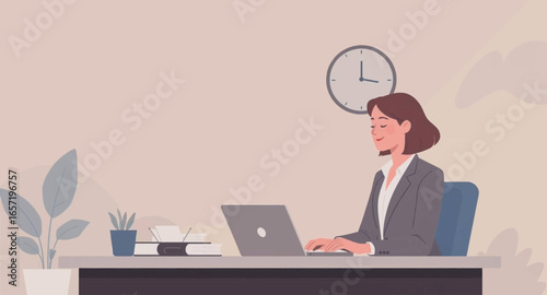 Professional woman diligently working on her laptop at an office desk, symbolizing productivity, business tasks, and efficient time management.