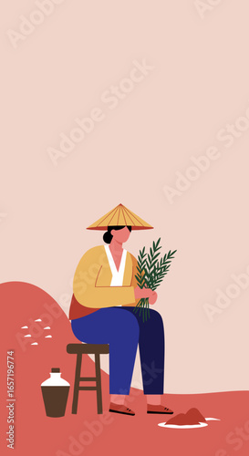Traditional Asian person in conical hat cultivating plants in a tranquil rural setting, depicting Asian culture and agricultural lifestyle.