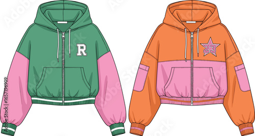 Hooded jacket front views, zipper closure, contrasting sleeve and body colors, chest logo detail, drawstring hood, front pockets, flat technical garment sketch, fashion vector illustration