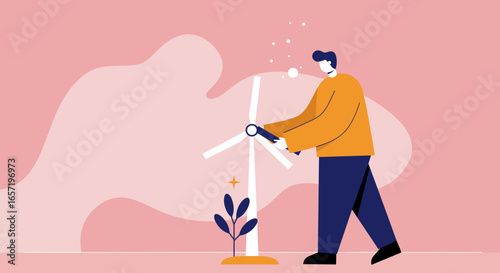 Man interacting with a wind turbine and plant, symbolizing renewable energy, green technology, and environmental sustainability for a brighter future.