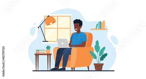Happy man working remotely from home on laptop, sitting comfortably in an armchair. Ideal for concepts like remote work, freelancing, and digital lifestyle.