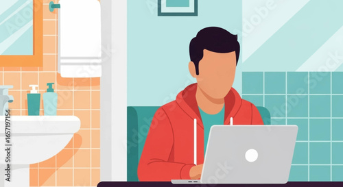 A person works remotely on a laptop in a modern home setting, representing flexible work arrangements, digital communication, and contemporary lifestyle.