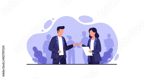 Business professionals exchanging documents, symbolizing agreement, partnership, or job offer. Ideal for concepts of teamwork, HR, finance, and corporate communication.
