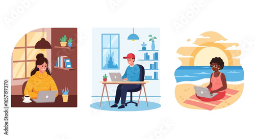Remote work concept: diverse people effectively working from home, modern office, and beach, embracing flexible lifestyles globally.