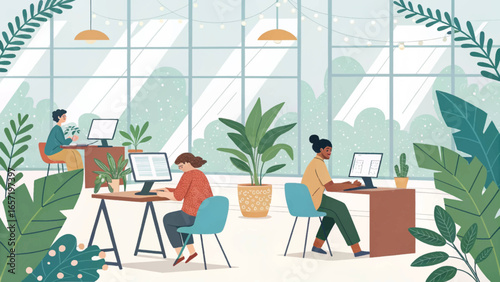 Diverse professionals working productively in a modern, light-filled, green office space. Ideal for business, technology, and healthy work-life balance concepts.