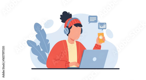 Modern illustration of a person working or studying remotely, using a laptop and smartphone for online communication and data analysis. Flexible work concept.