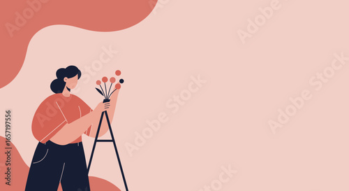 A stylized woman holds a unique camera on a tripod, capturing abstract elements on a peach background. Ideal for design, creativity, and modern art concepts.