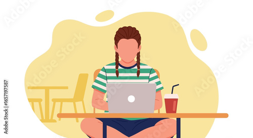 Focused person working on a laptop at a cafe table. Represents remote work, freelancing, online learning, or digital lifestyle.