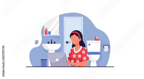 Woman works remotely on laptop in a bathroom, illustrating work-from-home flexibility, online business, and unconventional productivity.