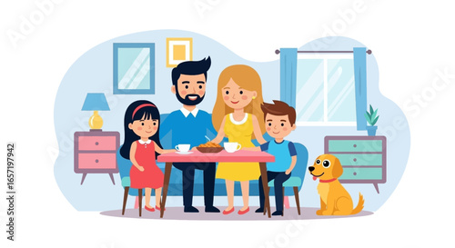 A happy family enjoys a meal together at home, fostering warmth and connection. Ideal for themes of domestic bliss, family life, and togetherness.
