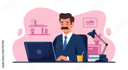 Professional businessman working diligently on his laptop at a modern office desk, symbolizing productivity, remote work, and focused corporate tasks.