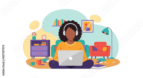 Young Black woman wearing headphones works comfortably on a laptop in her cozy living room, illustrating remote work, online learning, or modern digital lifestyle.