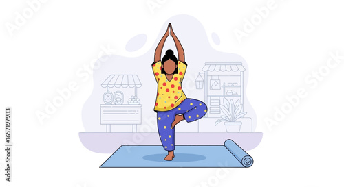 Woman practicing a yoga tree pose on a mat, emphasizing balance, wellness, and a healthy lifestyle at home. Ideal for fitness and self-care concepts.