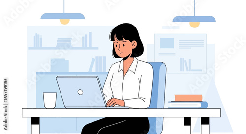 A focused woman works diligently on her laptop in an organized office setting, ideal for business, remote work, technology, or productivity concepts.