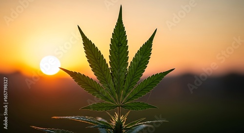 Cannabis leaf silhouette against a vibrant sunrise, symbolizing the growing industry and natural medicine