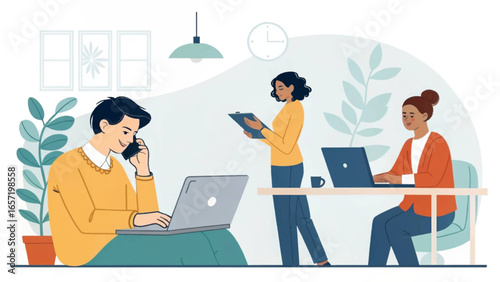 Diverse team collaborating in a modern office, showcasing productivity and flexible work arrangements. Ideal for business, technology, and lifestyle concepts.