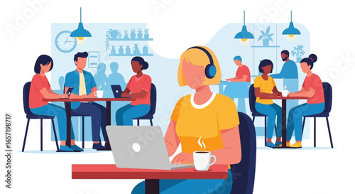Diverse individuals engaged in remote work and social interaction within a modern cafe or co-working space, highlighting flexible work and digital lifestyle.