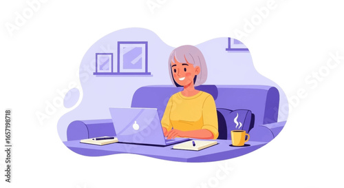 Smiling woman happily working from home on her laptop, sitting comfortably on a sofa with coffee. Ideal for remote work, online learning, or digital lifestyle concepts.