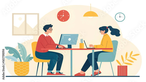 Two colleagues collaborate at a modern office desk, working efficiently on computers. Ideal for business, remote work, or professional productivity concepts.