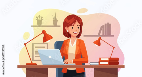 Smiling professional woman working diligently at her home office desk on a laptop. Ideal for business, remote work, or online education concepts.