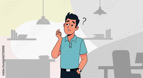 Confused man with a question mark over his head, pondering a business problem or difficult decision in an office setting. Represents uncertainty, thinking, and seeking answers.
